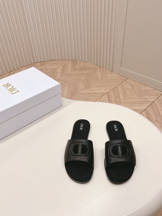 Christian Dior Letter Decor Slippers Cowhide Upper Sheepskin Insole Leather Sole