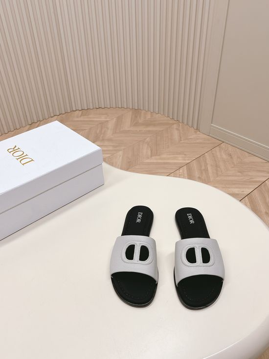 Christian Dior Letter Decor Slippers Cowhide Upper Sheepskin Insole Leather Sole