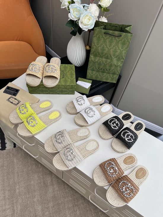 Gucci Handwoven Rhinestone Decorated Casual Flat Slides