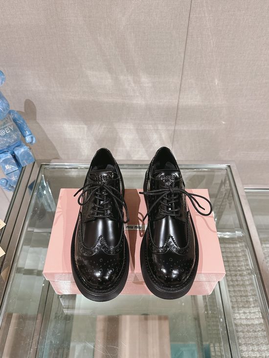 Miu Miu Premium Leather Lace-Up Brogue Loafers Comfortable Rubber Sole