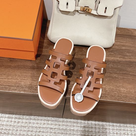 Hermes Comfortable Leather Sandals with Platform Sole