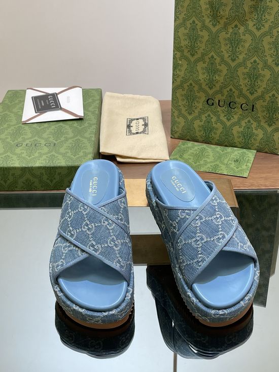 Gucci Denim Crisscross Platform Sandals with Embossed Pattern