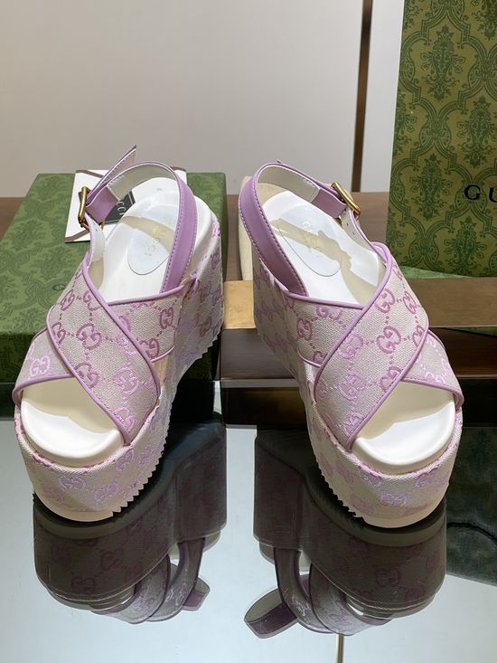 Gucci Denim Cross Strap High Platform Sandals With Cowhide Lining