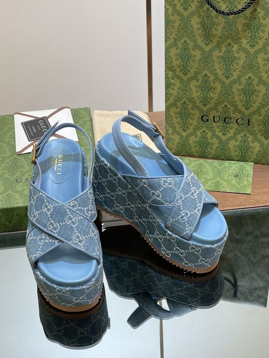 Gucci Denim Cross Strap High Platform Sandals With Cowhide Lining
