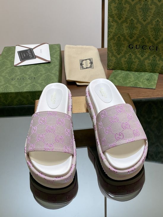 Gucci Denim Wide Strap Platform Slide Sandals with Classic Pattern