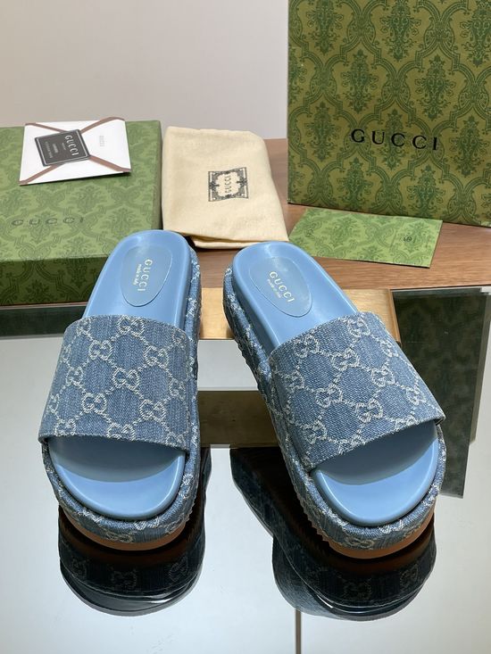 Gucci Denim Wide Strap Platform Slide Sandals with Classic Pattern