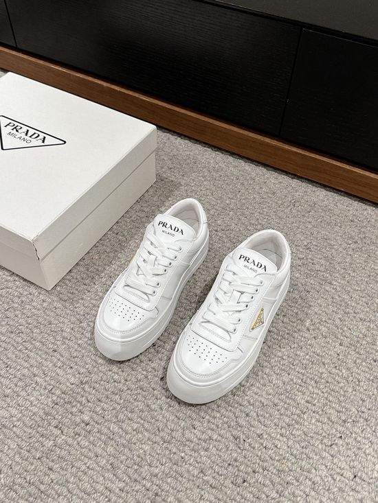 Prada Cowhide Thick Sole White Sneakers Soft Comfortable Height Boosting Shoes