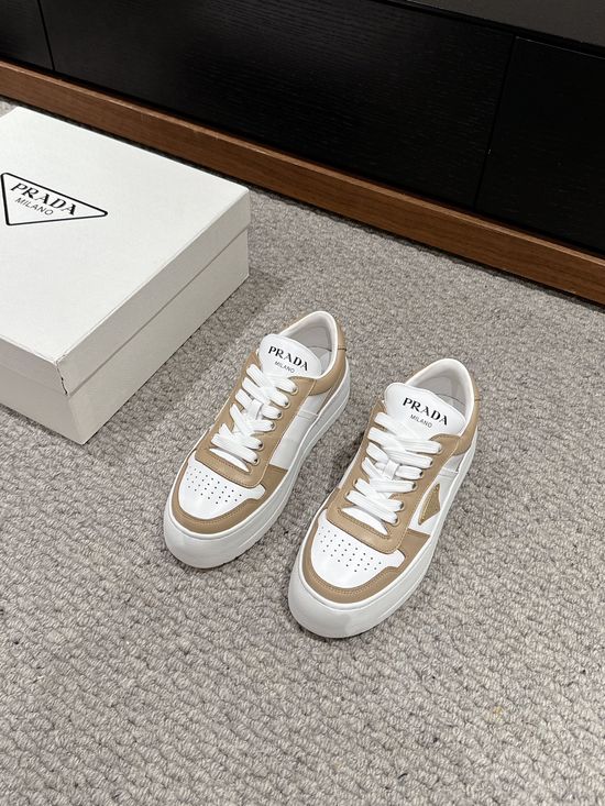 Prada Cowhide Thick Sole White Sneakers Soft Comfortable Height Boosting Shoes