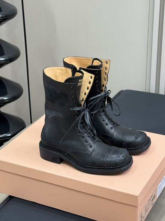 Miu Miu Genuine Leather Biker Ankle Boots For Daily Wear