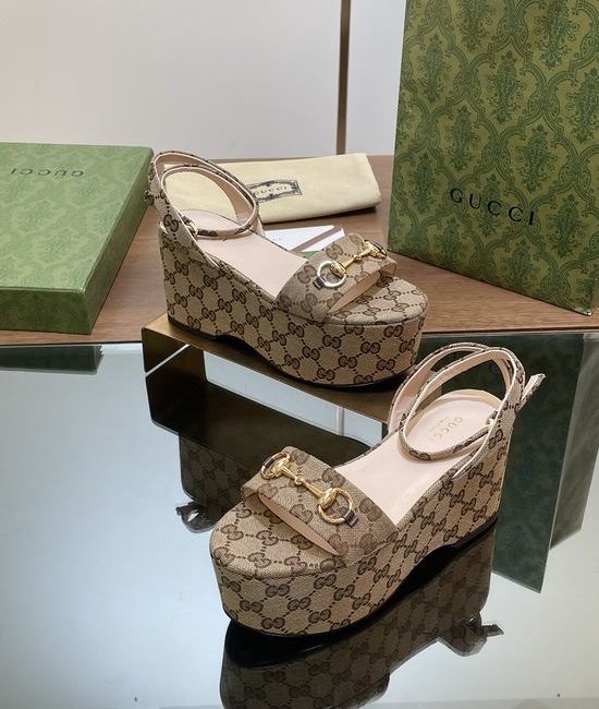 Gucci Monogram Canvas Buckle Decor Platform Heeled Sandals