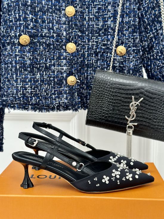 Louis Vuitton Rhinestone Decor Silk Upper Low Heel Hollow Sandals