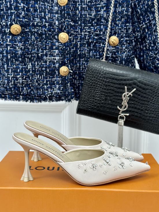 Louis Vuitton Rhinestone Decor Silk Upper Low Heel Hollow Sandals
