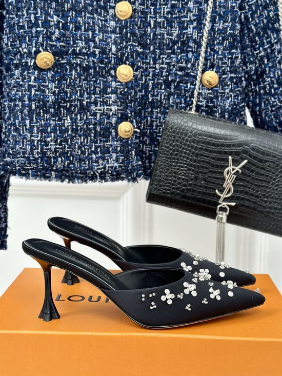 Louis Vuitton Rhinestone Decor Silk Upper Low Heel Hollow Sandals