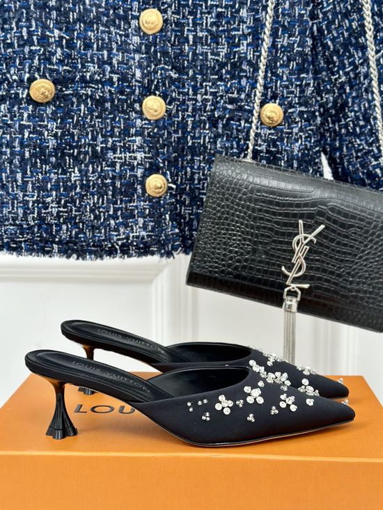 Louis Vuitton Rhinestone Decor Silk Upper Low Heel Hollow Sandals