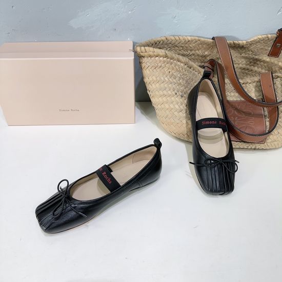 Simone Rocha Pleated Leather Square Toe Flat Shoes With Genuine Sole