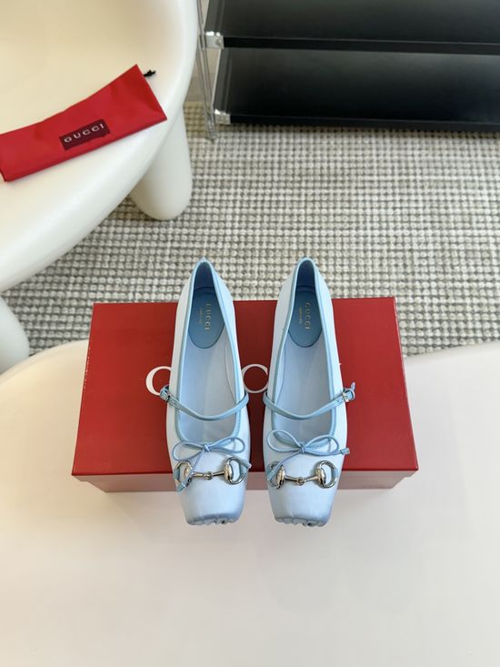 Gucci Square Toe Buckle Elegant Silk Ballet Flats