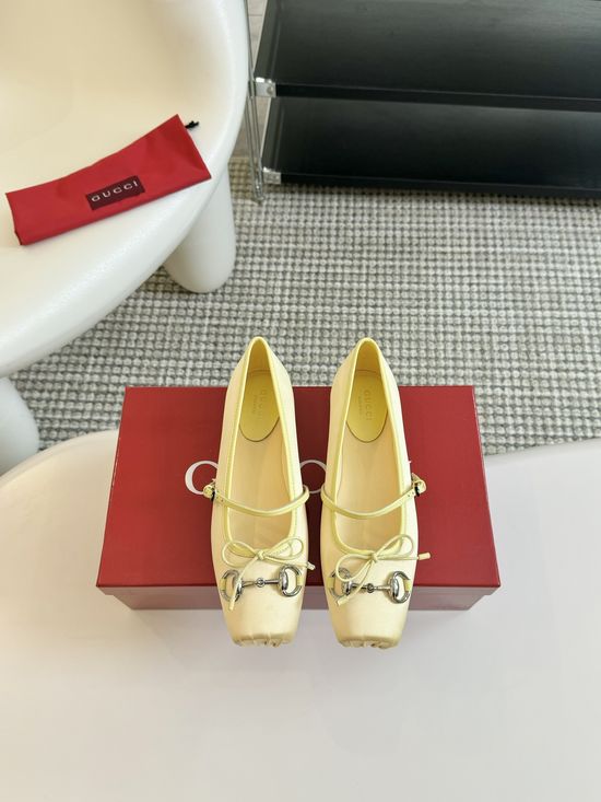 Gucci Square Toe Buckle Elegant Silk Ballet Flats