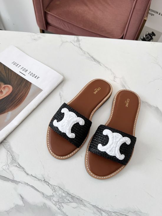Celine PP Grass Woven Mule Slippers With Leather Welt