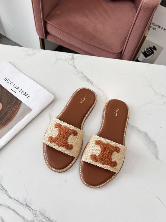 Celine PP Grass Woven Mule Slippers With Leather Welt