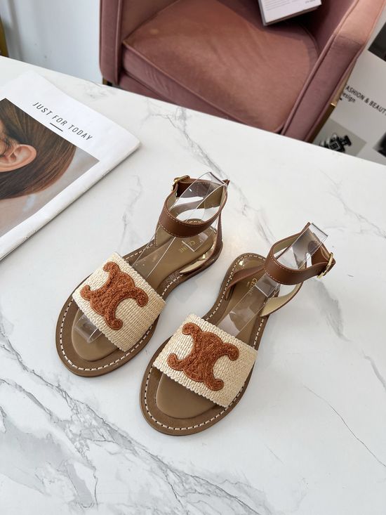 Celine PP Grass Woven Hardware Buckle Mule Slippers