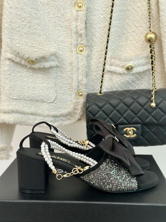 Chanel Bow Pearl Chain Elegant Silk Sandals Slides
