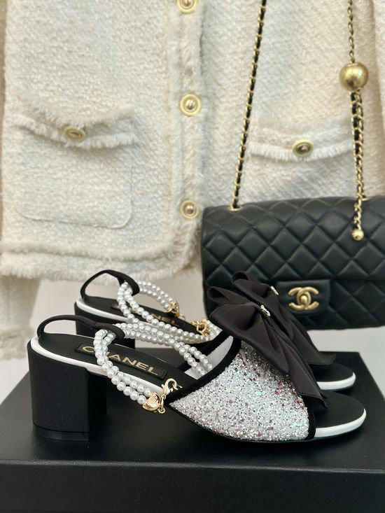Chanel Bow Pearl Chain Elegant Silk Sandals Slides
