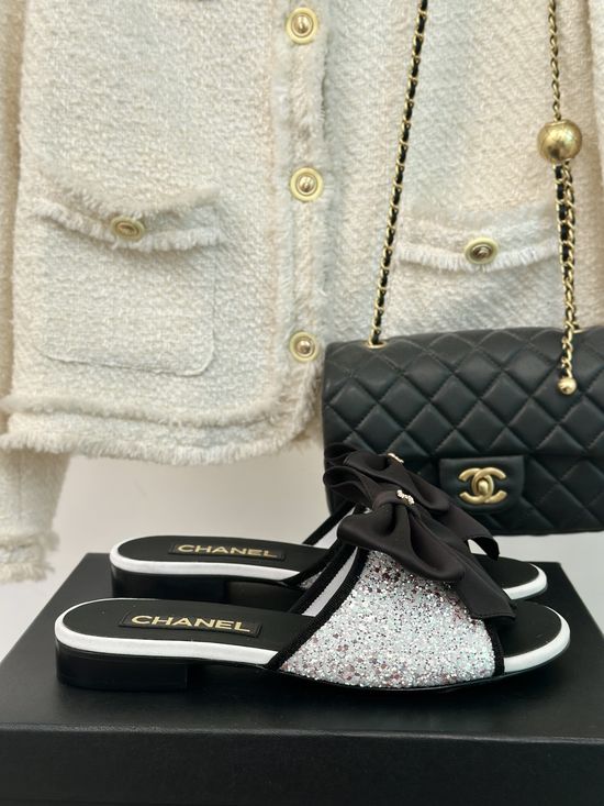 Chanel Bow Pearl Chain Elegant Silk Sandals Slides