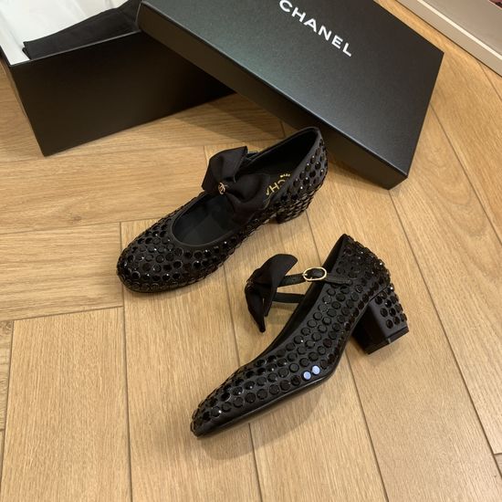 Chanel Bow Rhinestone Decor Pointed Toe Mary Jane Shoes