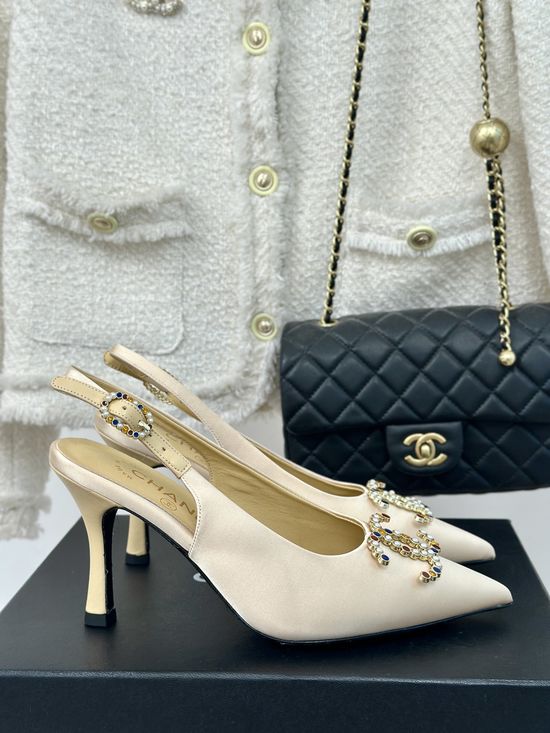 Chanel Pointed Toe Open Back Silk Sandals