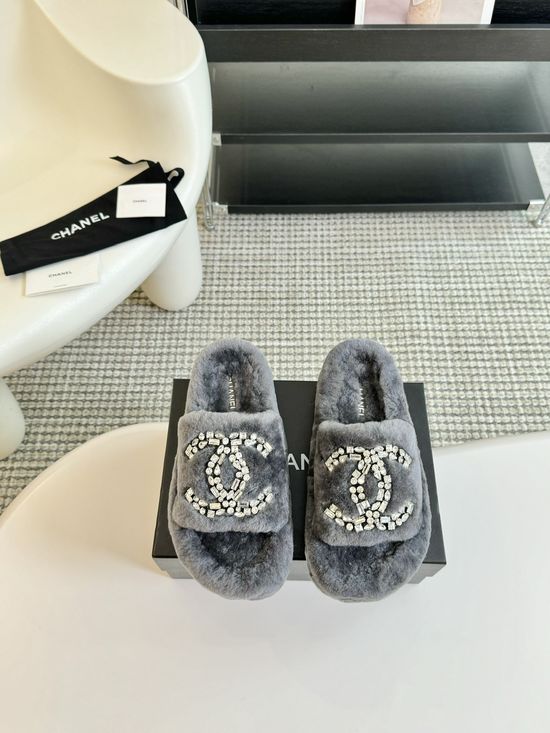 Chanel Rhinestone Accent Wool Fuzzy Slippers Rubber Sole