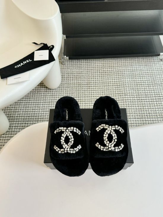 Chanel Rhinestone Accent Wool Fuzzy Slippers Rubber Sole