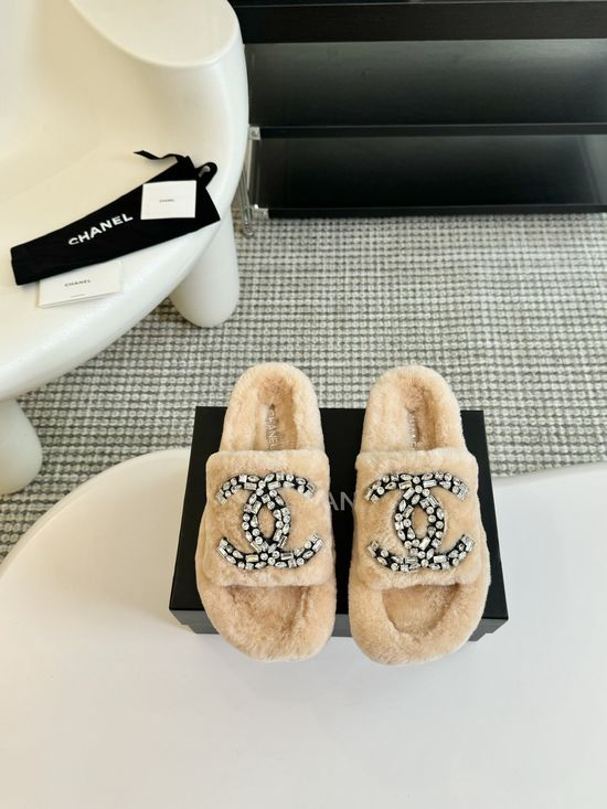 Chanel Rhinestone Accent Wool Fuzzy Slippers Rubber Sole