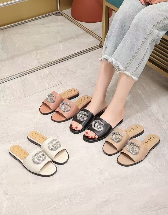 Gucci Elegant Crystal Decor Flat Slide Sandals For Daily Wear