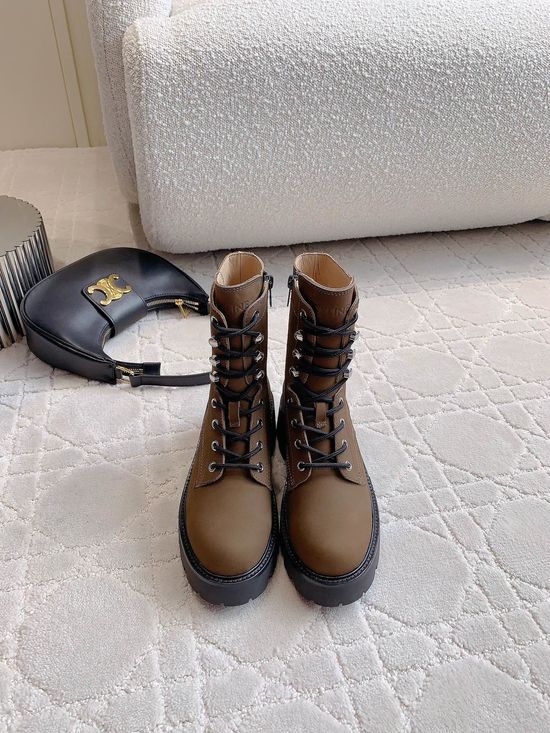 Celine Classic Leather Platform Ankle Boots With Lace-up Design
