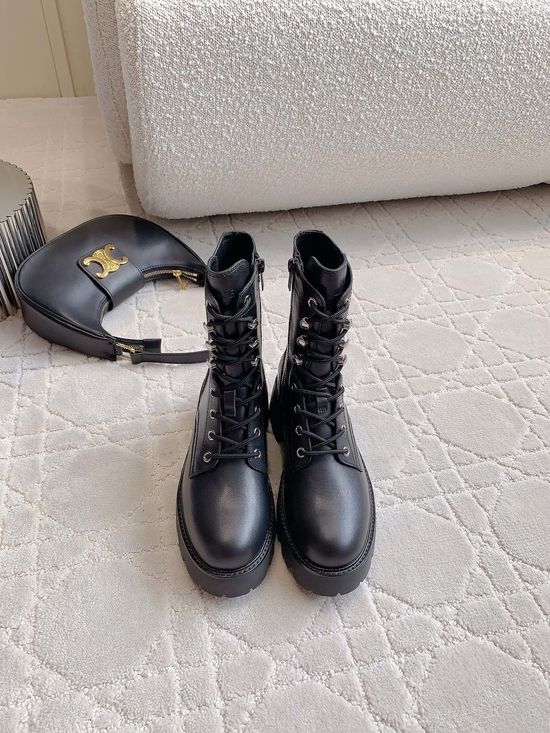 Celine Classic Leather Platform Ankle Boots With Lace-up Design