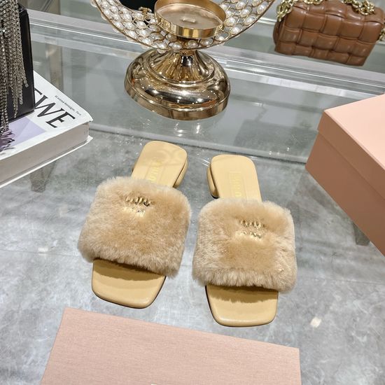 Miu Miu Shearling Lined Flat Slide Slippers With Leather Sole