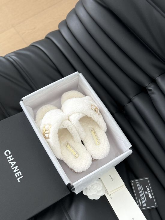Chanel Fluffy Wool Slip On Slides With Rubber Sole