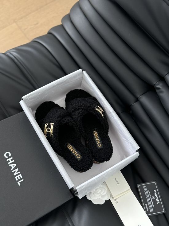 Chanel Fluffy Wool Slip On Slides With Rubber Sole
