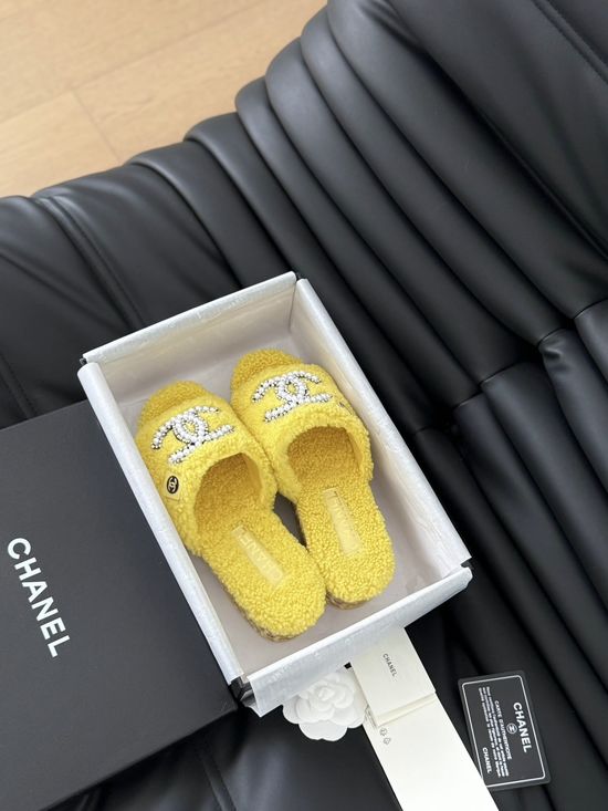 Chanel Fluffy Wool Slip On Slides With Rubber Sole