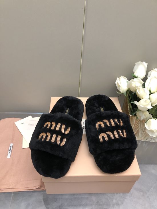 Miu Miu Embroidered Wool Slippers Non-slip Soft Comfortable Home Shoes