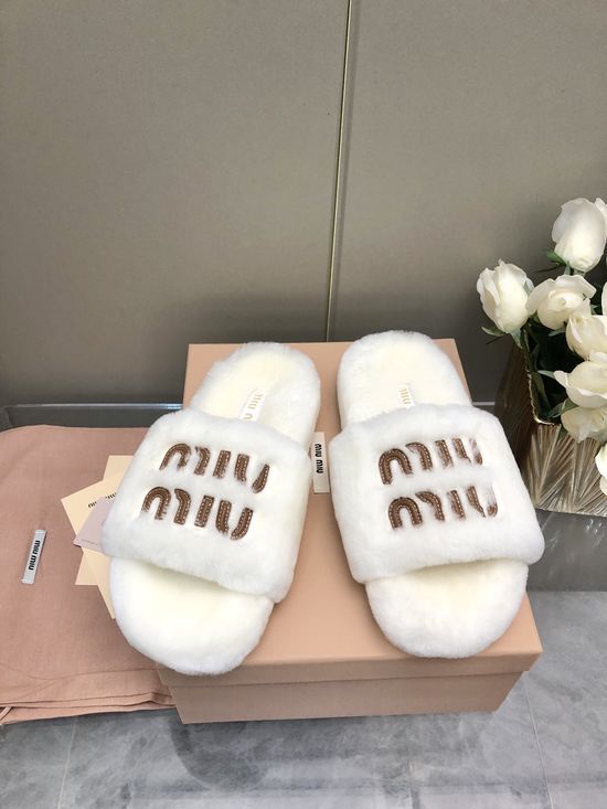 Miu Miu Embroidered Wool Slippers Non-slip Soft Comfortable Home Shoes