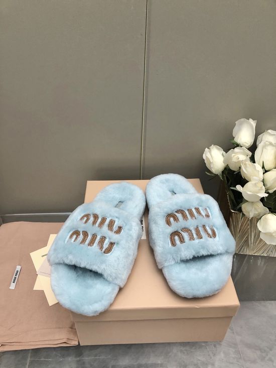 Miu Miu Embroidered Wool Slippers Non-slip Soft Comfortable Home Shoes