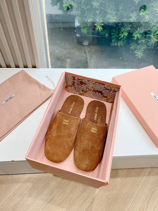 Miu Miu Closed Toe Suede Upper Mules Premium Soft Sole Slippers