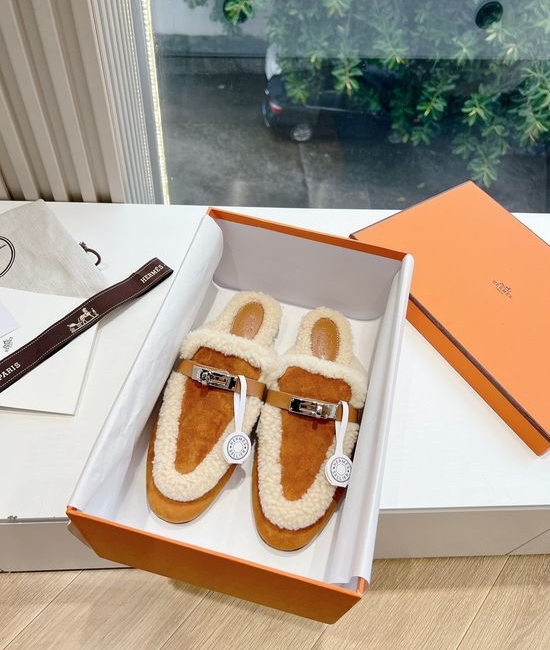 Hermes Fleece Lined Slip On Curly Fur Mule Slippers