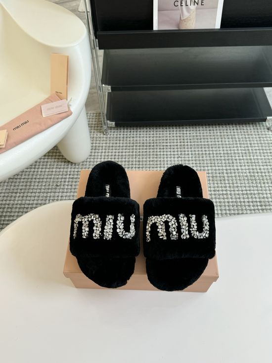 Miu Miu Rhinestone Decor Wool Platform Slippers TPU Non Slip Sole