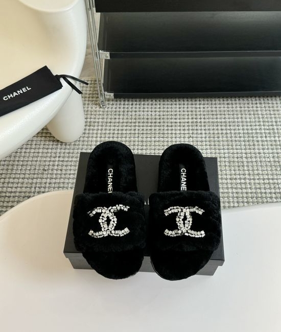 Chanel Rhinestone Decor Genuine Wool Fur Lined Platform Slippers