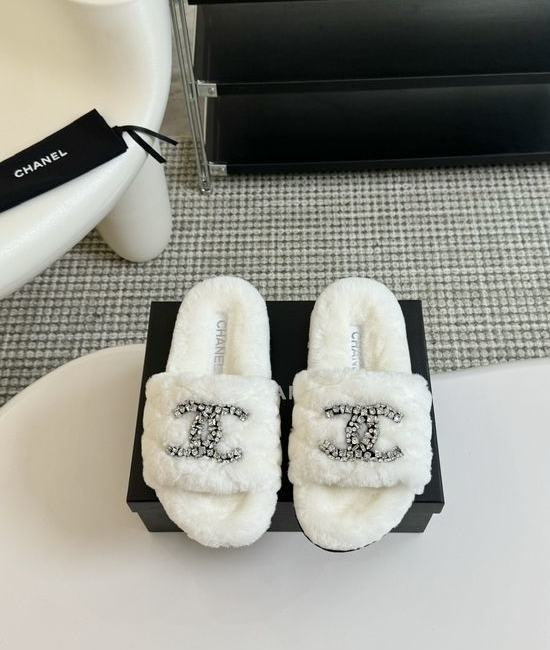 Chanel Rhinestone Decor Genuine Wool Fur Lined Platform Slippers