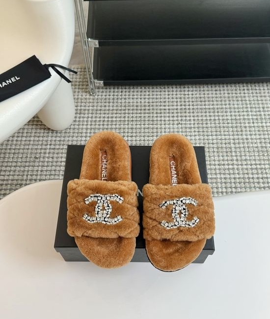 Chanel Rhinestone Decor Genuine Wool Fur Lined Platform Slippers
