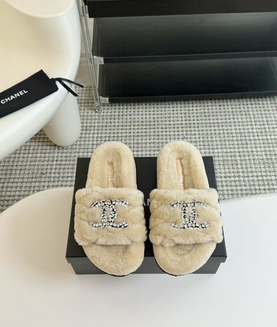 Chanel Rhinestone Decor Genuine Wool Fur Lined Platform Slippers