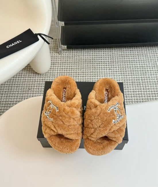 Chanel Rhinestone Decor Genuine Wool Fur Lined Platform Slippers